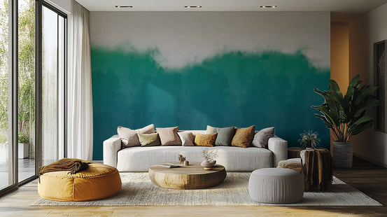 Modern beach green ombre wallpaper mural featuring a soft bleed effect.