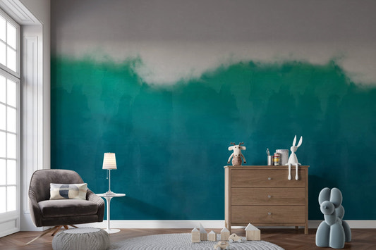 Teal and white watercolor beach wall mural with abstract wave patterns.