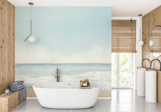 Minimal sea beach wallpaper wall mural in muted aqua and beige color palette.