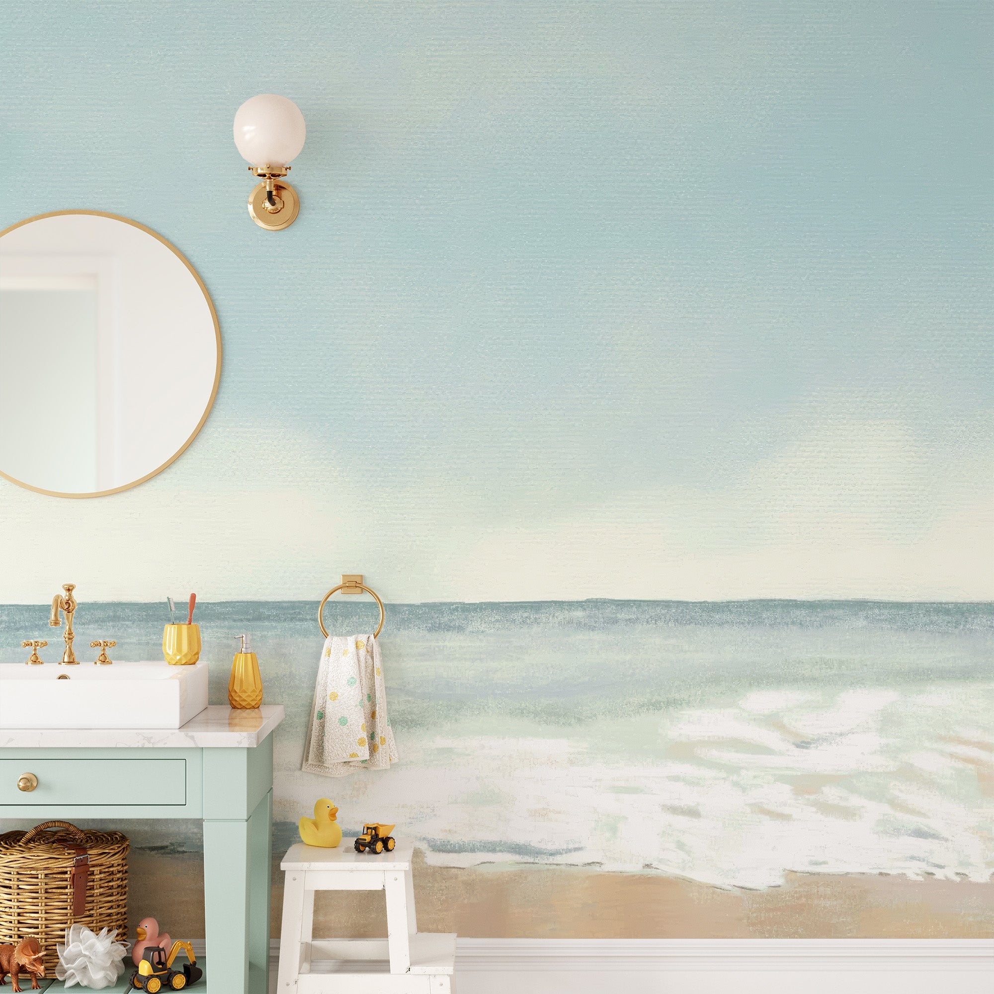 Coastal watercolor wallpaper showing calm sea waves in pastel blue wall mural.