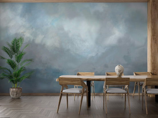 Dreamy seaside watercolor wall mural with a vast sky and narrow beach line.
