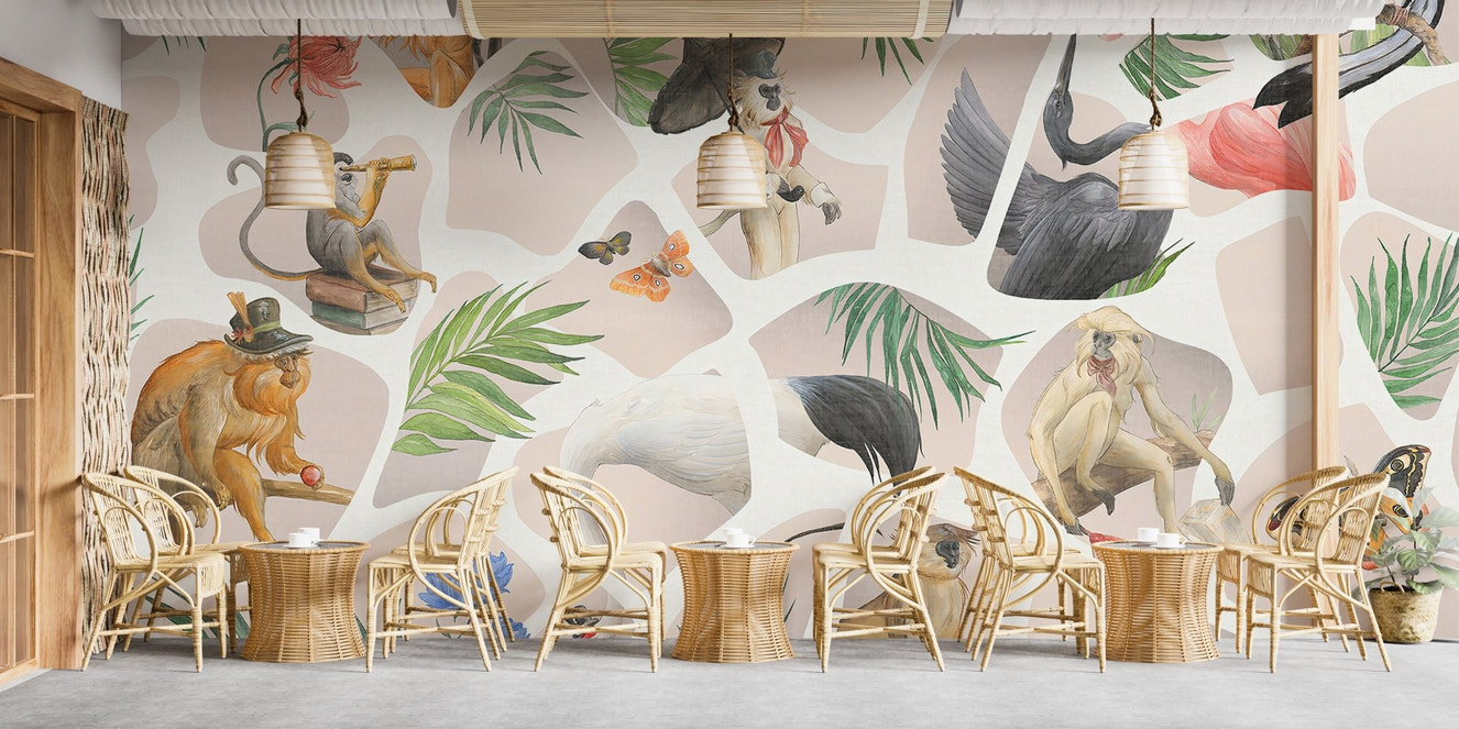 Watercolor monkey and bird wall mural in beige tones for cafe area.