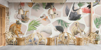 Watercolor monkey and bird wall mural in beige tones for cafe area.