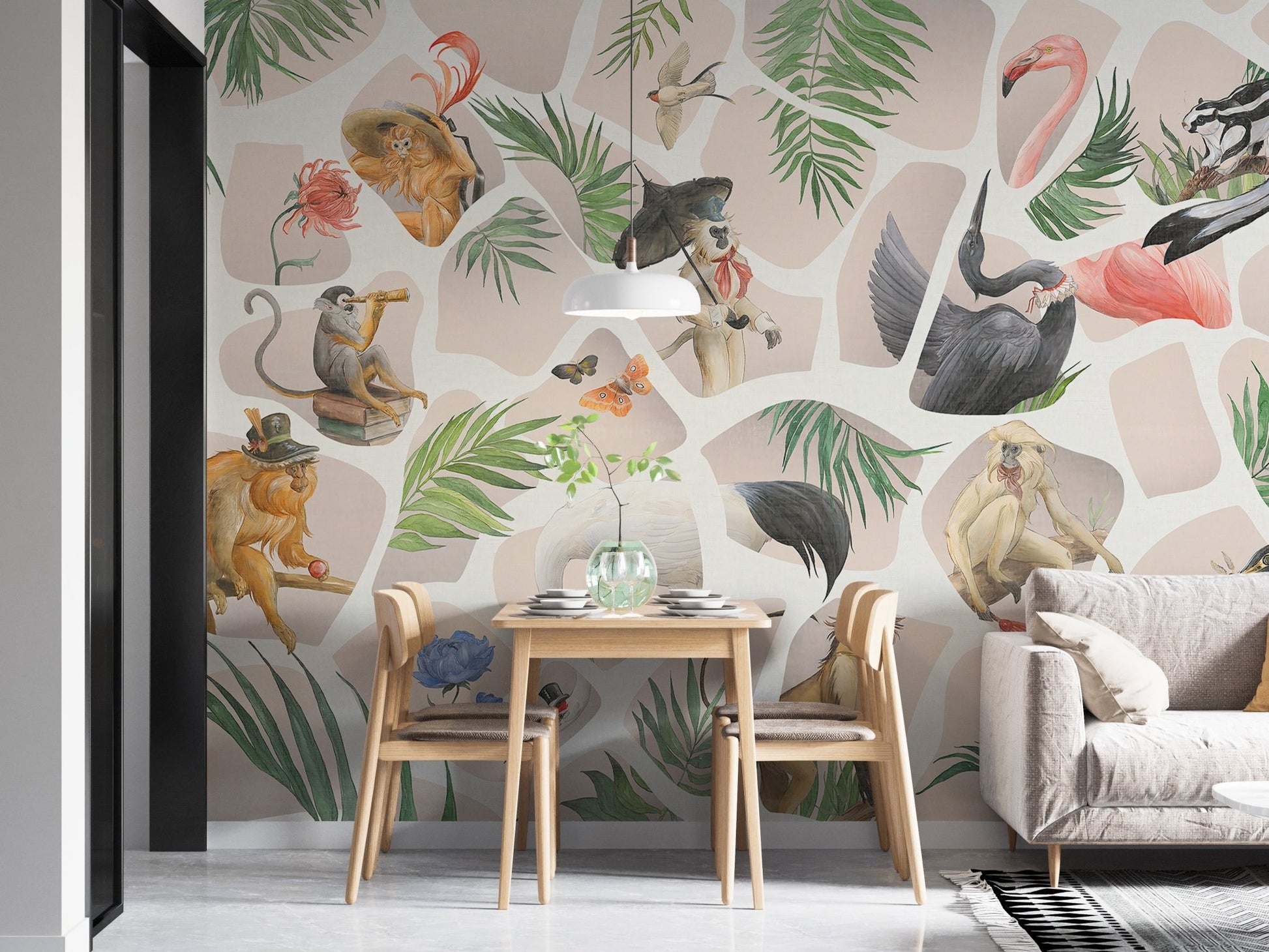 Dining room wall mural with beige monkey patterns and a wooden table.