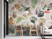 Dining room wall mural with beige monkey patterns and a wooden table.