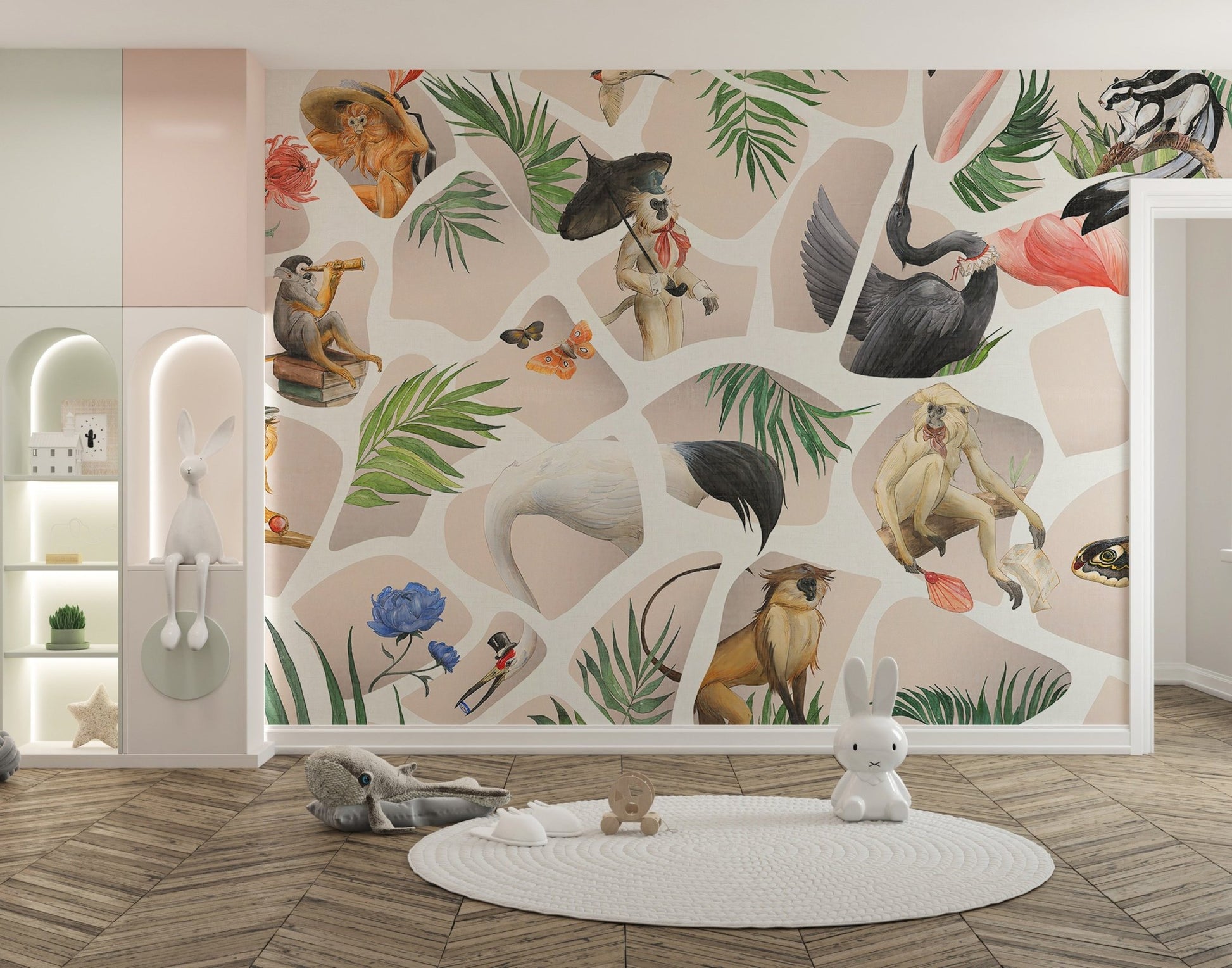 Playroom wall mural featuring monkeys and birds with a circular white rug.