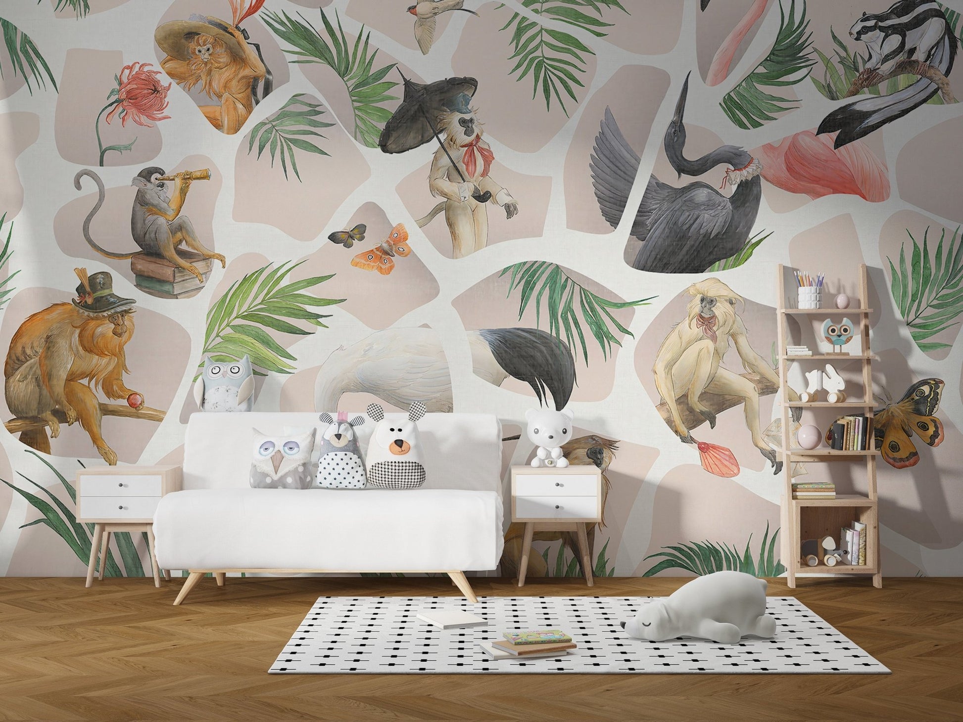 Large wall mural with monkey and bird patterns in a white kids room area.