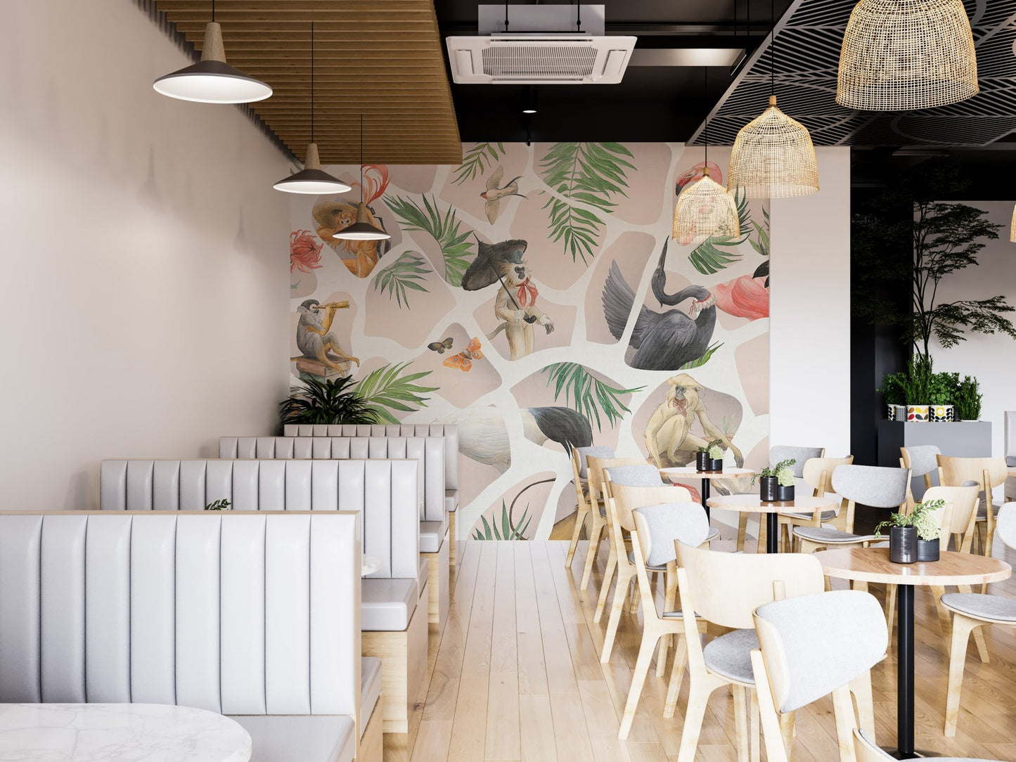 Watercolor beige Monkey & Birds wall mural in a bright cafeteria setting.