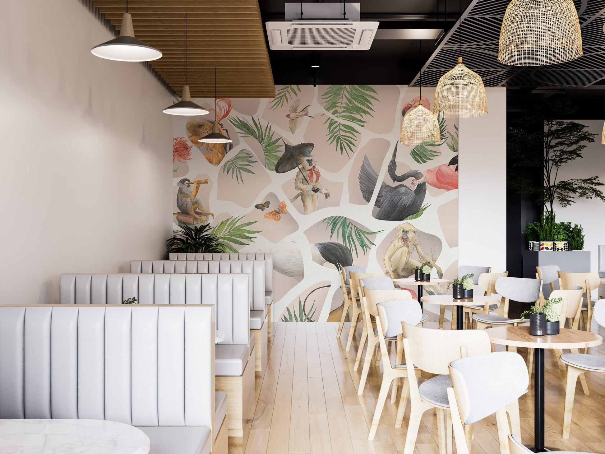 Watercolor beige Monkey & Birds wall mural in a bright cafeteria setting.
