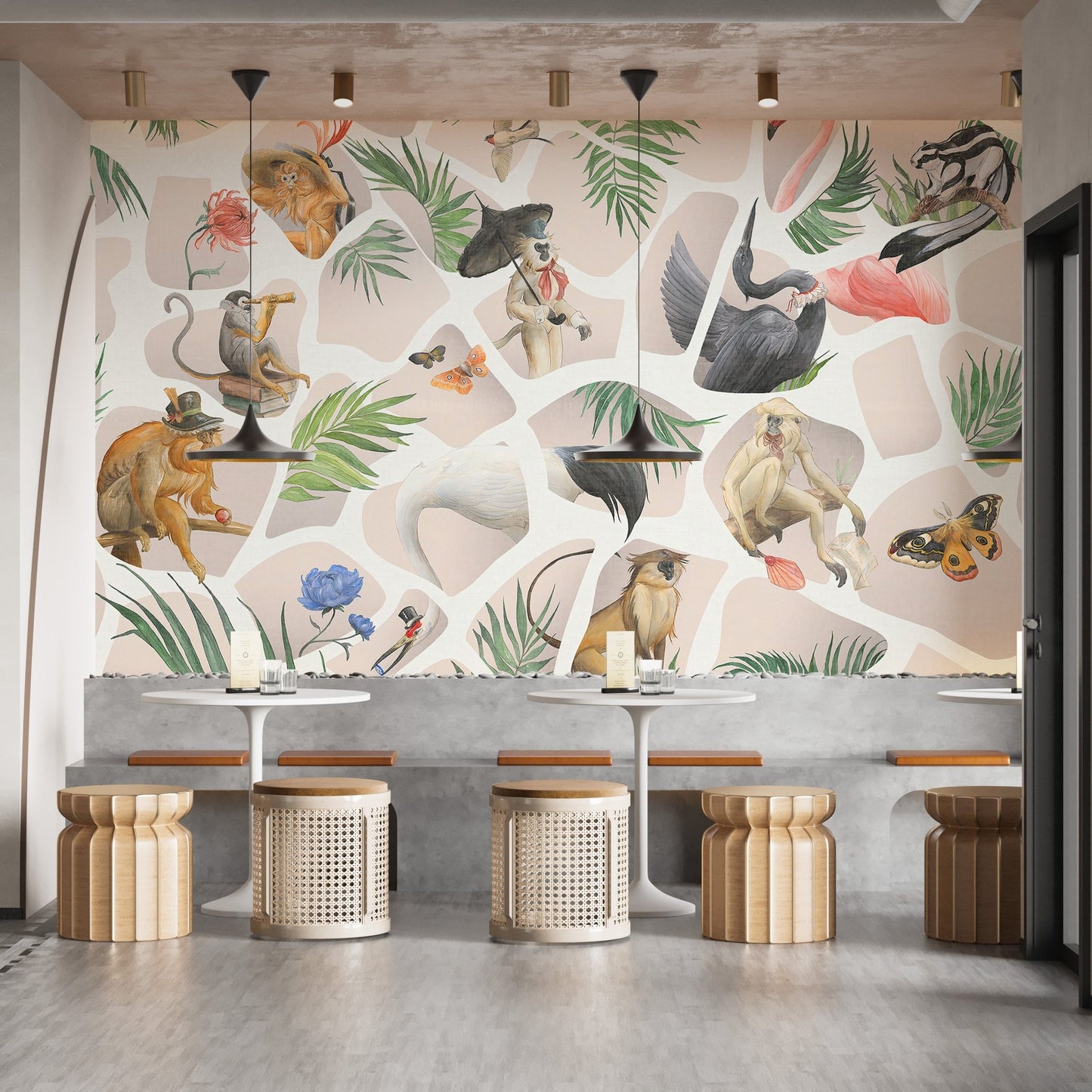 Watercolor beige Monkey & Birds wall mural behind a grey cafe seating bench.