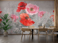 Artistic floral watercolor wall mural for a contemporary dining area.