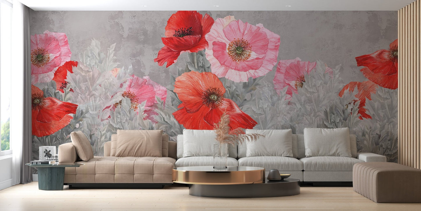 Red flower pattern bloom wallpaper mural applied to a living room feature wall.