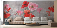 Red flower pattern bloom wallpaper mural applied to a living room feature wall.