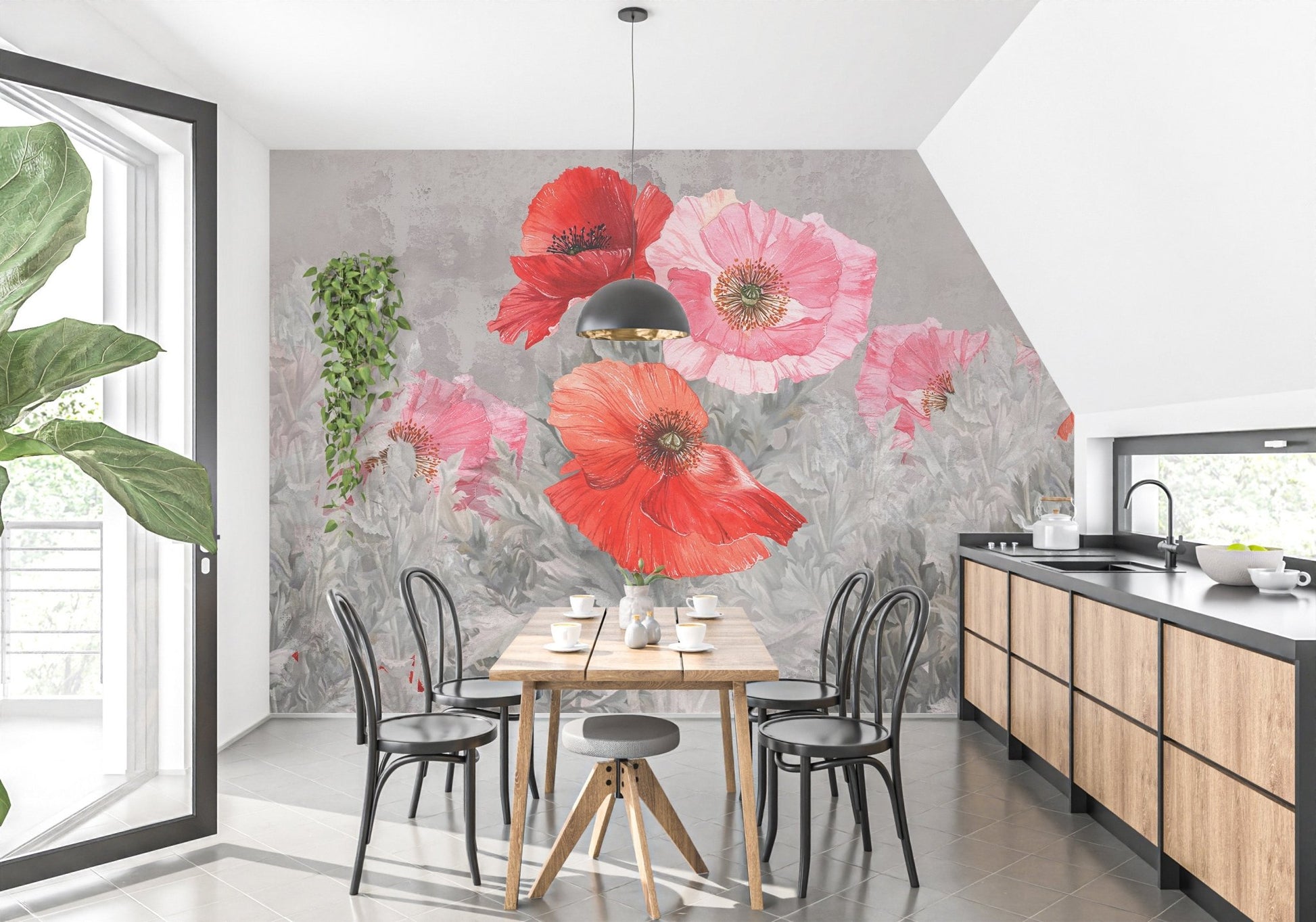 Dining room wall featuring soft red bloom mural design.