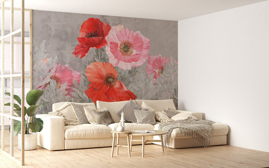Modern living room featuring a grey botanical wall mural.