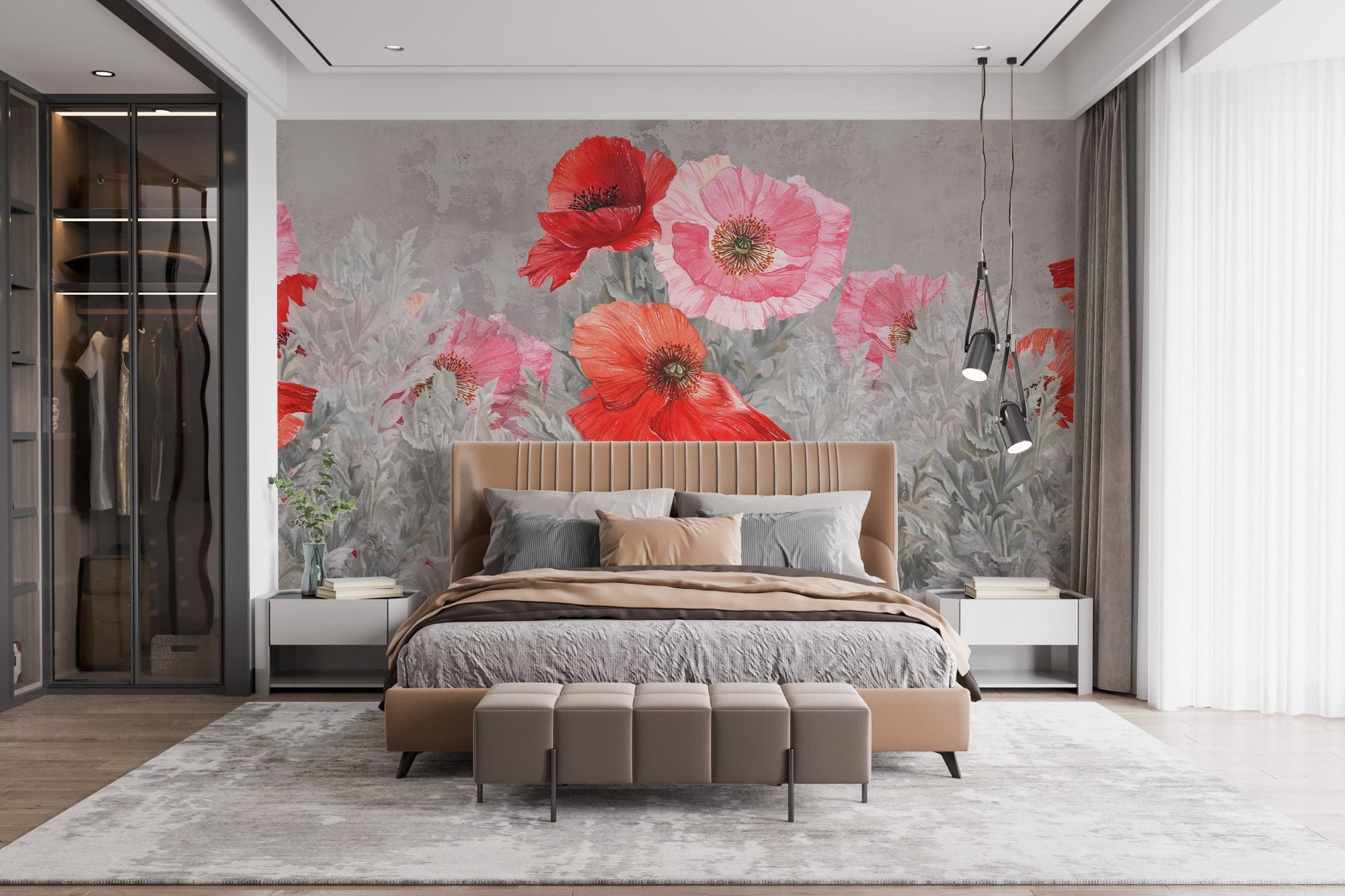 Large scale floral wallpaper mural in a modern bedroom setting.