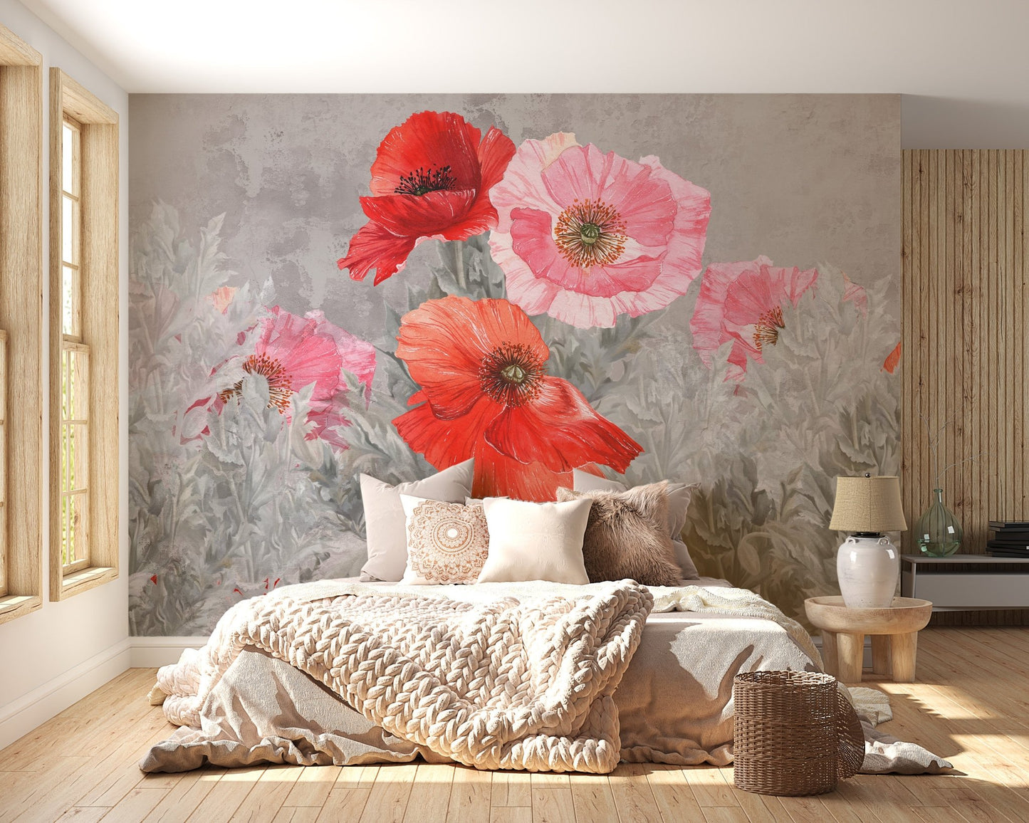 Abstract floral watercolor wallpaper mural design on a grey backdrop for master bedrooms.