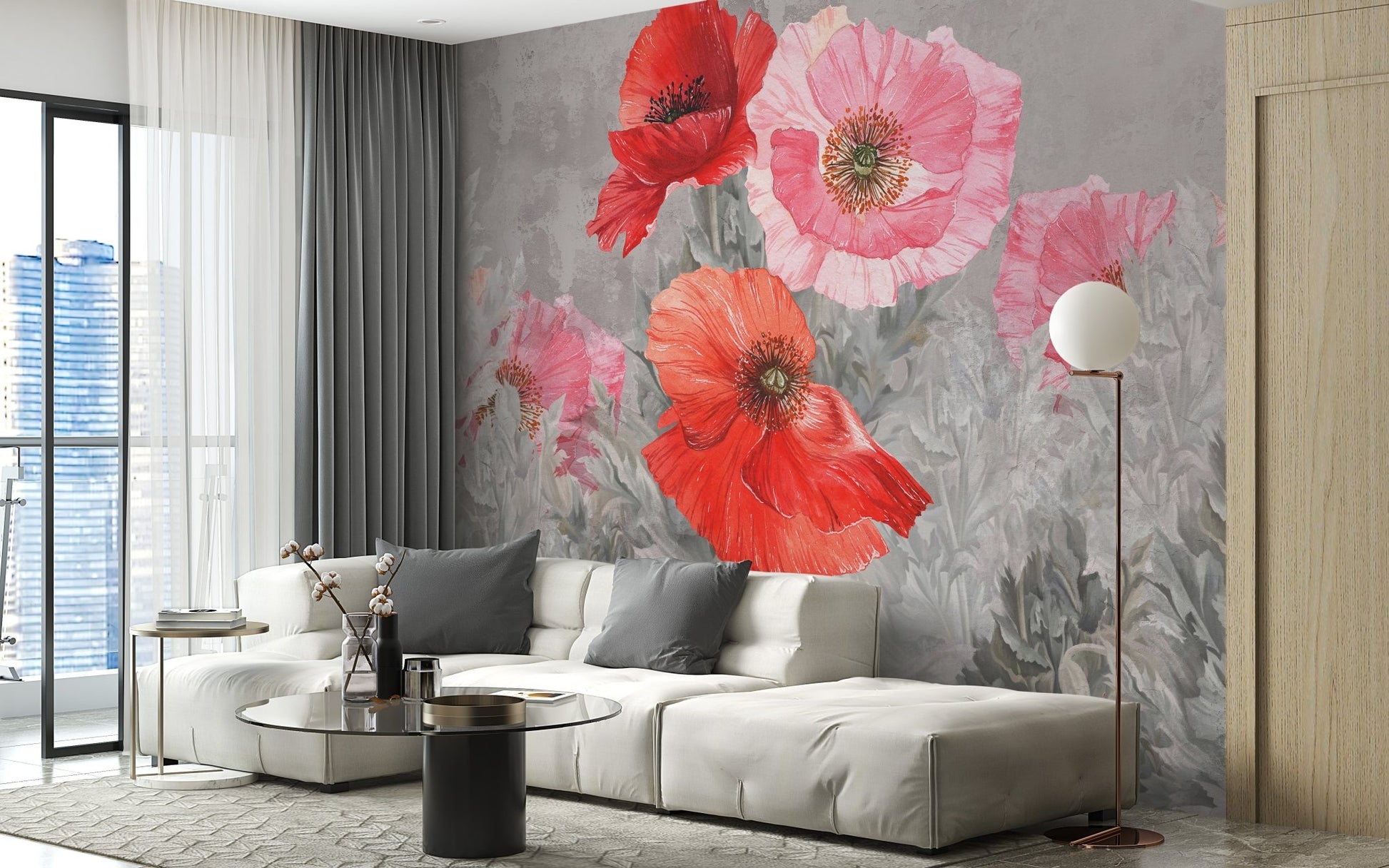 Watercolor Bloom Symphony wall mural featuring red poppies in a living room.