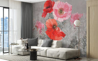 Watercolor Bloom Symphony wall mural featuring red poppies in a living room.