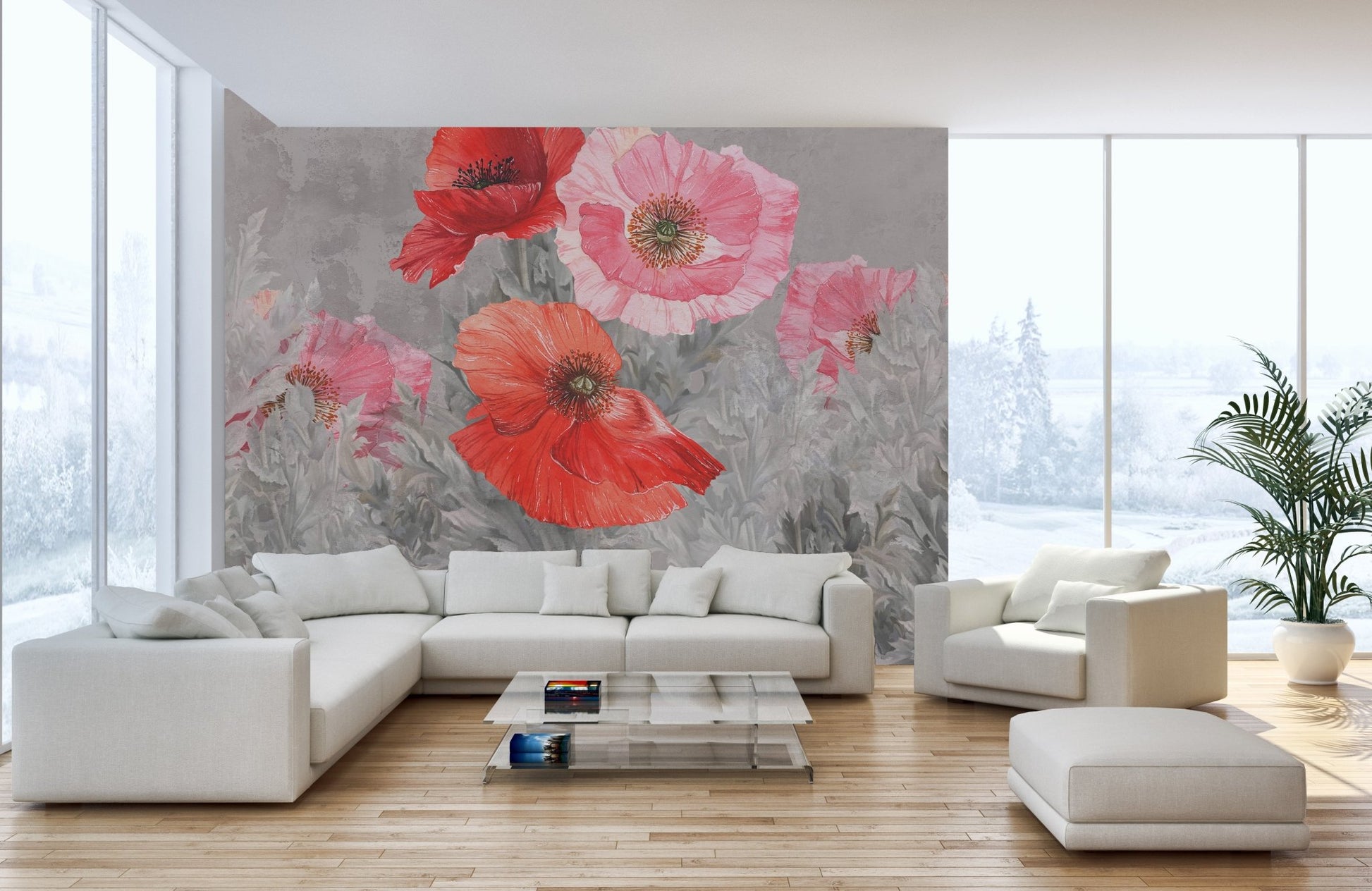 Sitting space featuring a stylish watercolor floral wall mural.