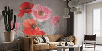 Living room interior with artistic bloom flower wallpaper mural