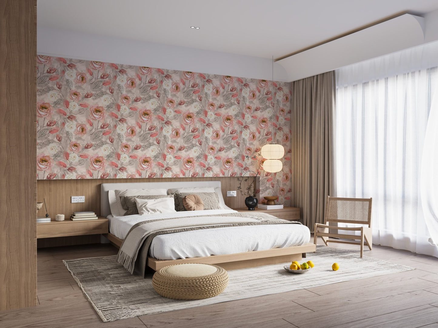 Watercolor Blossom Bliss Pattern Wallpaper paired with white curtains and warm lights.