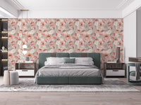 Botanical pattern wallpaper featuring small blossoms in a minimalist guest room.