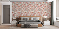 Peach and orange bliss wallpaper behind a wooden bed frame in a master suite.