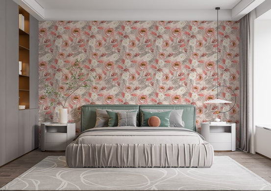 Watercolor Blossom Bliss Pattern Wallpaper in a bedroom with a sage green headboard.