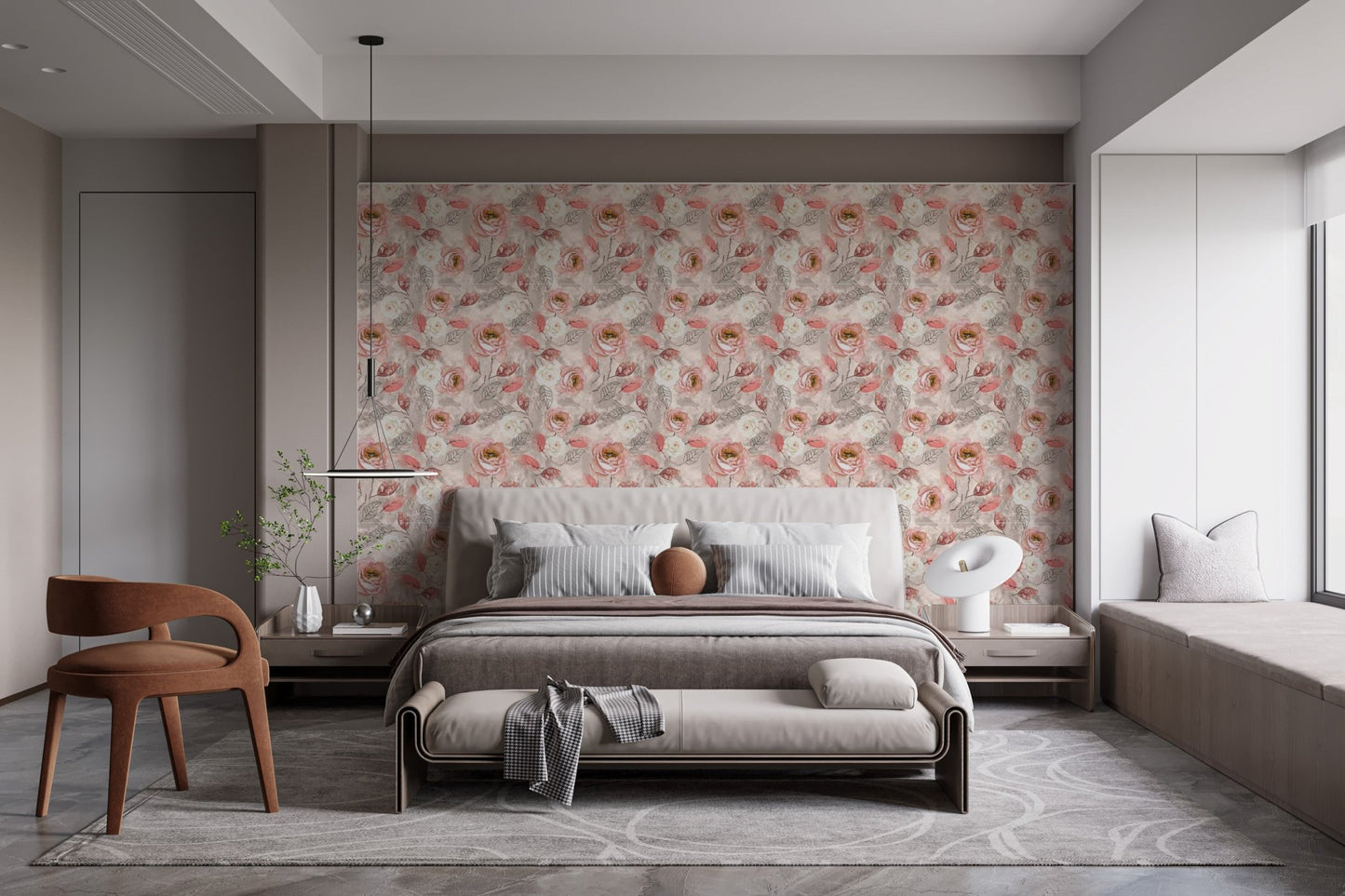 Floral pattern wallpaper with green leaf details behind a dark wood bed and grey rug.