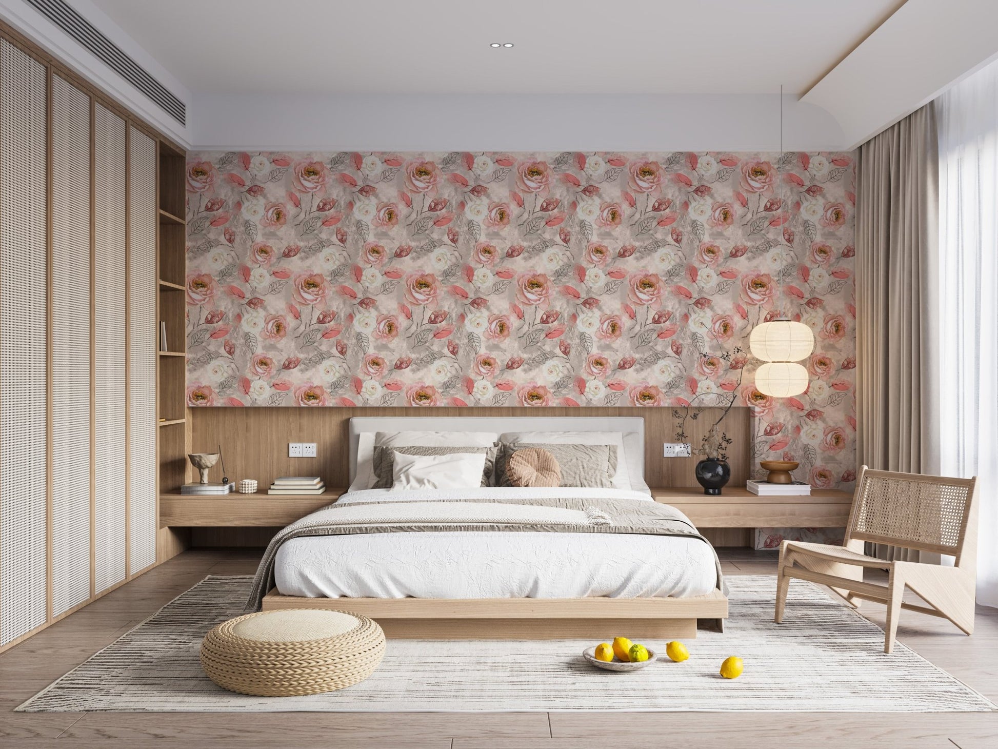 Modern bedroom wall featuring a repeat floral pattern wallpaper with peach tones.