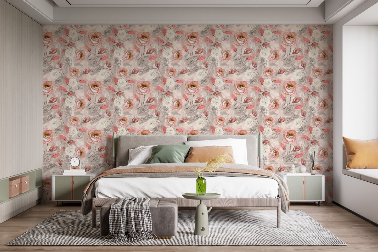 Compact bedroom layout featuring a dense watercolor floral pattern wallpaper 