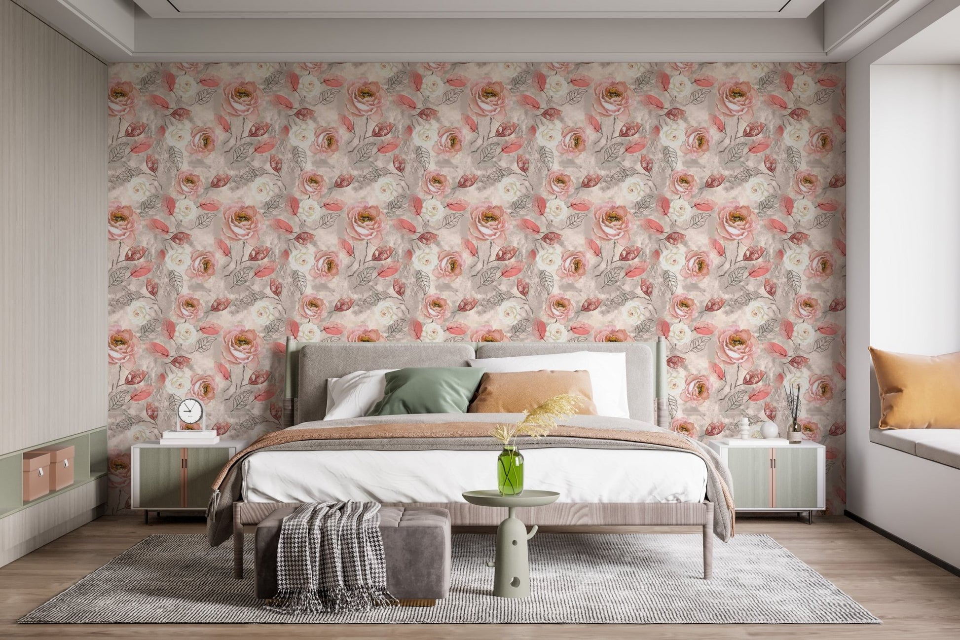 Compact bedroom layout featuring a dense watercolor floral pattern wallpaper 