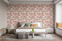 Compact bedroom layout featuring a dense watercolor floral pattern wallpaper 