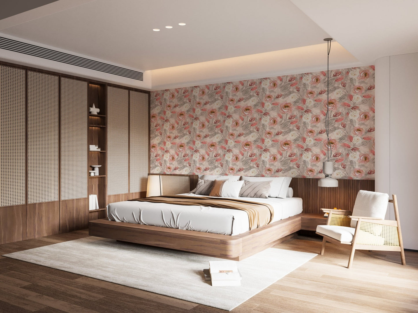 Floral pattern wallpaper installed in a bright bedroom with wooden wall panels.