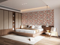 Floral pattern wallpaper installed in a bright bedroom with wooden wall panels.