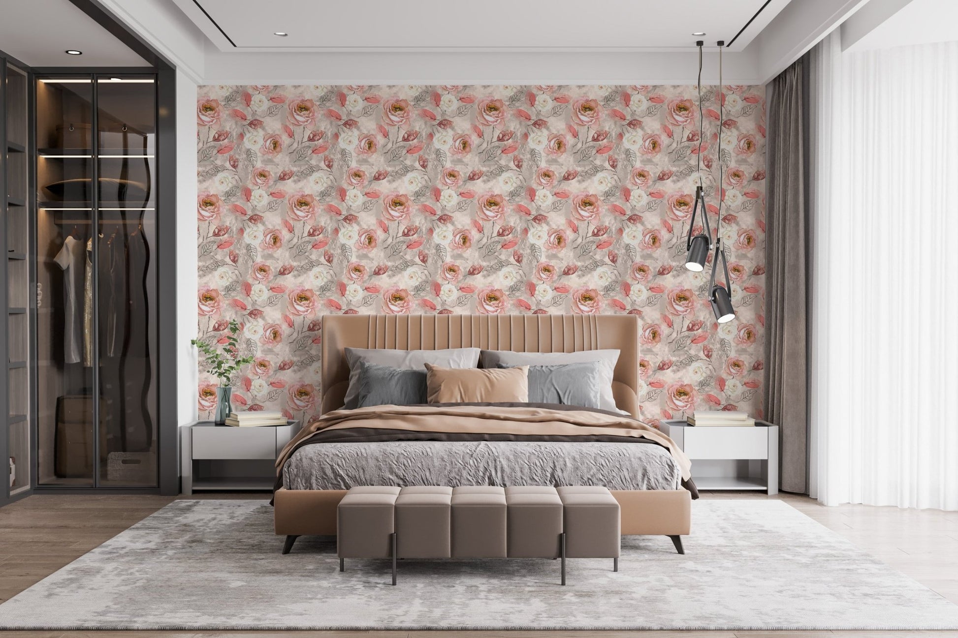 Grey and beige carpet room with Watercolor Blossom Bliss Pattern Wallpaper accents.