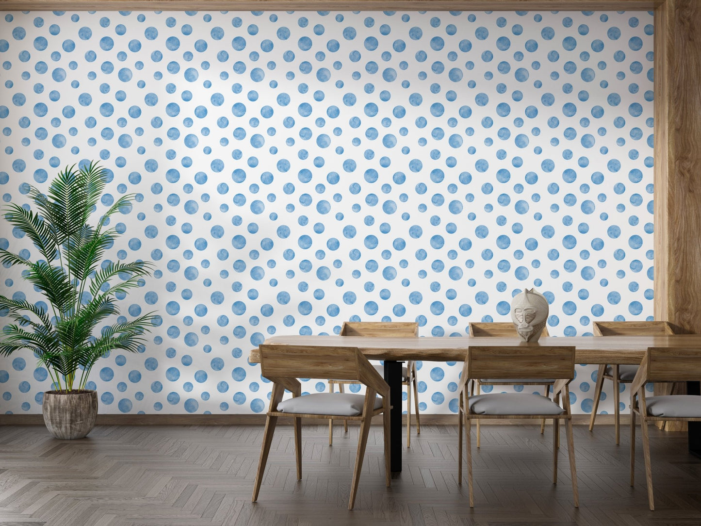 Dining room with wooden table and watercolor blue seamless design polka dots wallpaper.