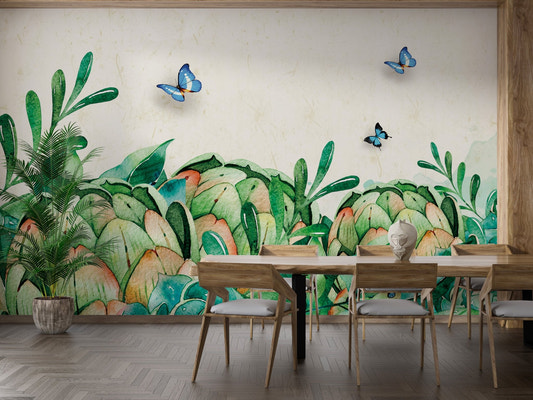 Dining room with botanical paradise wall mural and wooden furniture.