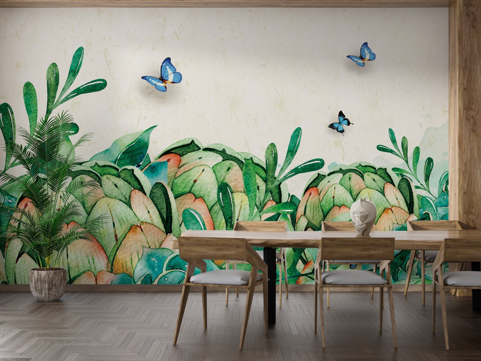 Dining room with botanical paradise wall mural and wooden furniture.
