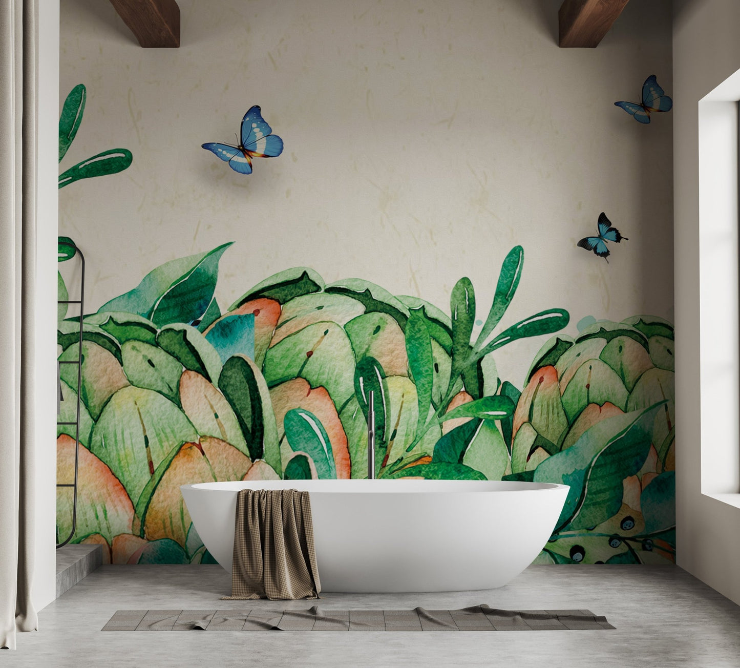 Bathroom with botanical wall mural behind a white freestanding tub.