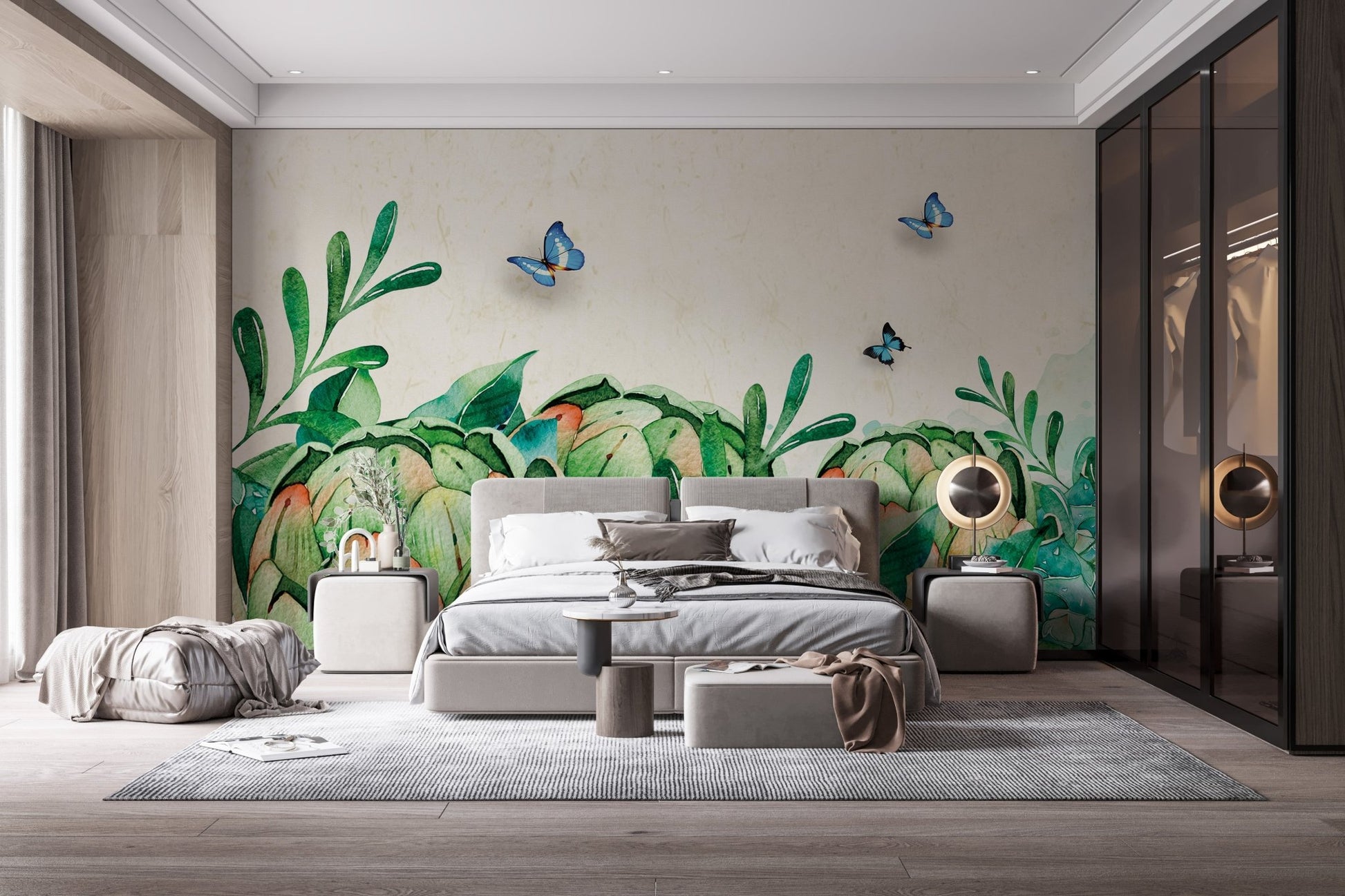 Bedroom with botanical paradise wall mural and wooden floor.