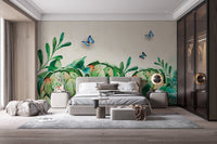 Bedroom with botanical paradise wall mural and wooden floor.
