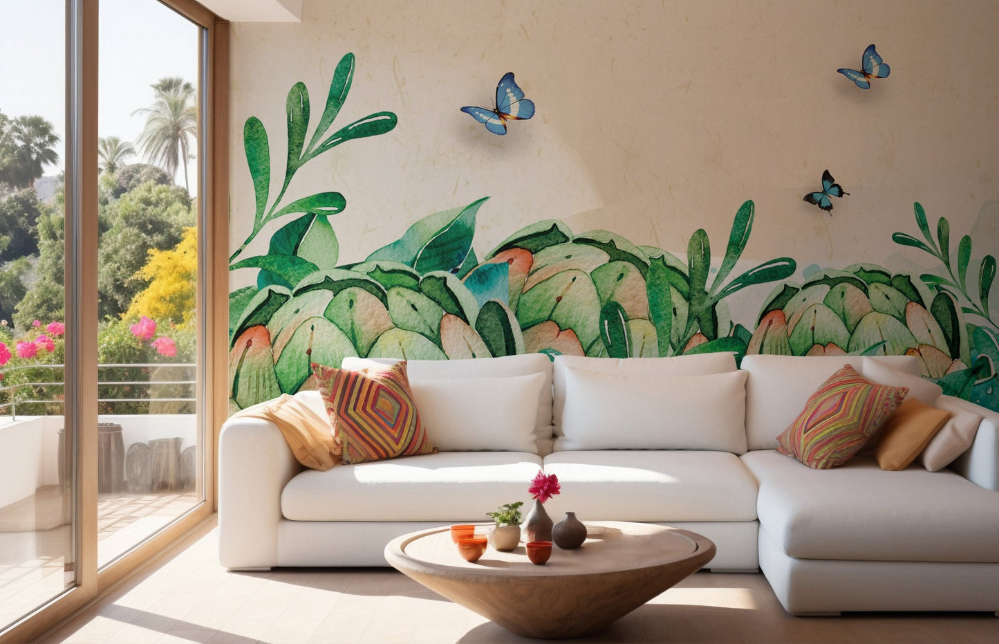 Modern living area with lush botanical leaf wall mural and white sectional.