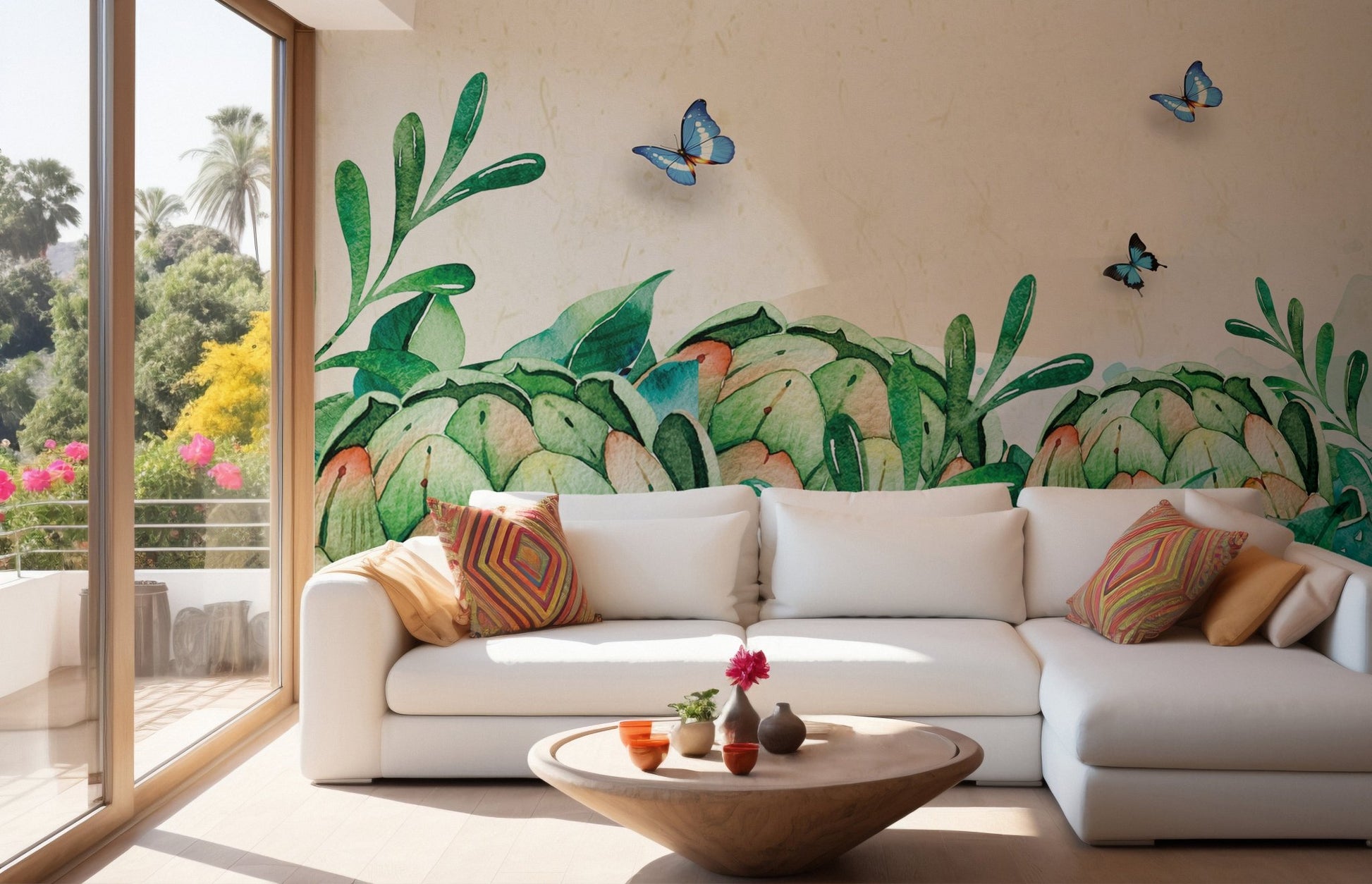 Modern living area with lush botanical leaf wall mural and white sectional.