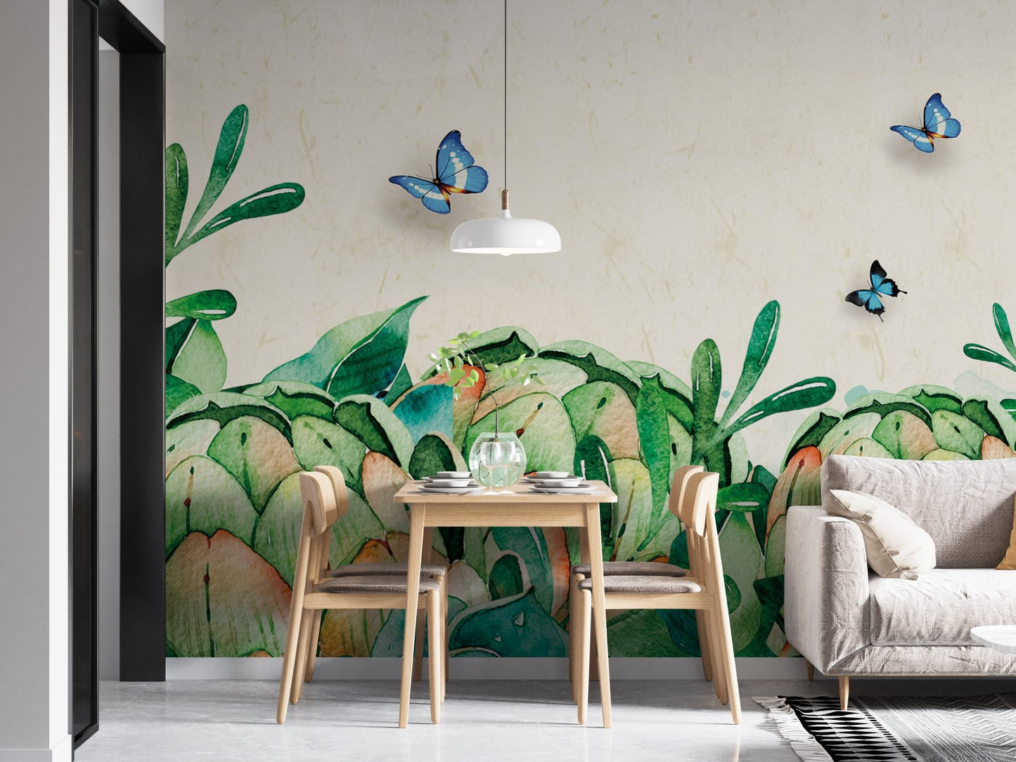 Dining space highlighting green botanical leaf wall mural and timber chairs.
