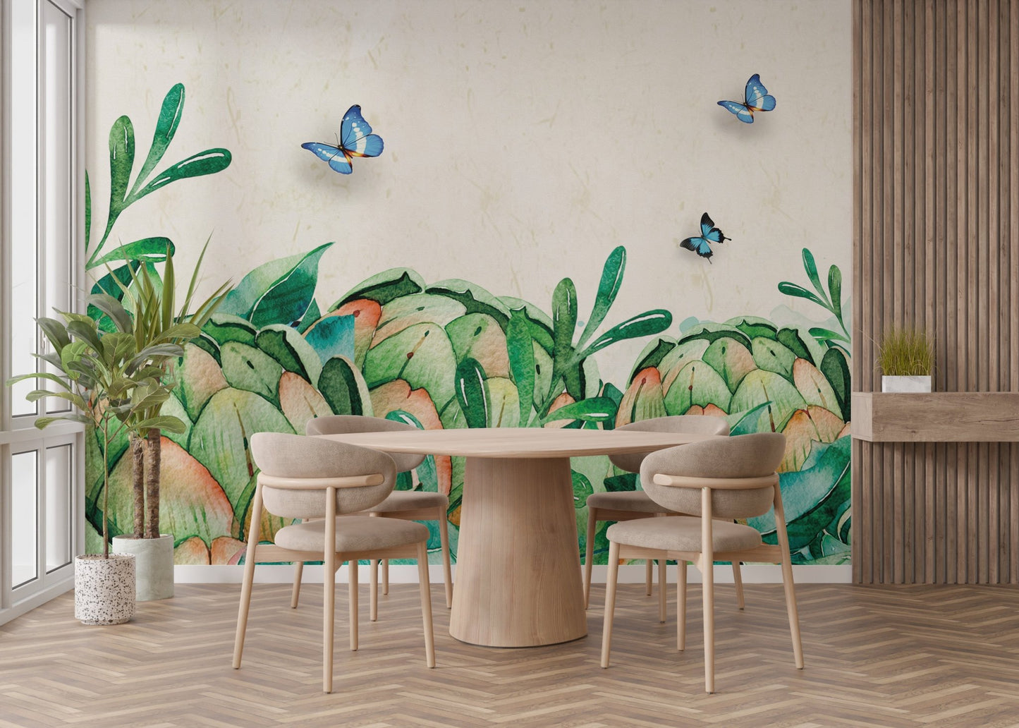Contemporary dining room with botanical paradise wall mural and round table.