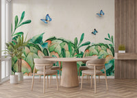 Contemporary dining room with botanical paradise wall mural and round table.