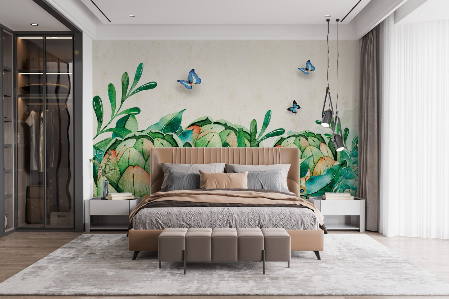 Master bedroom with watercolor botanical wall mural and grey bedding.