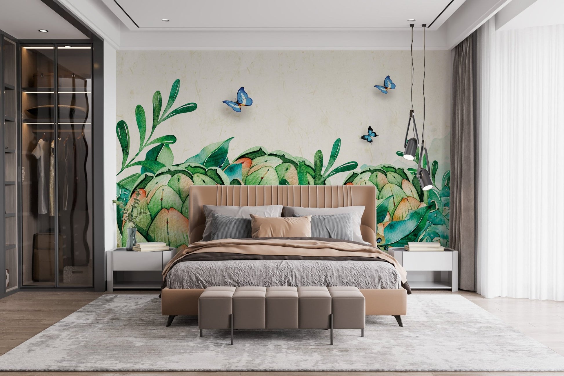 Master bedroom with watercolor botanical wall mural and grey bedding.